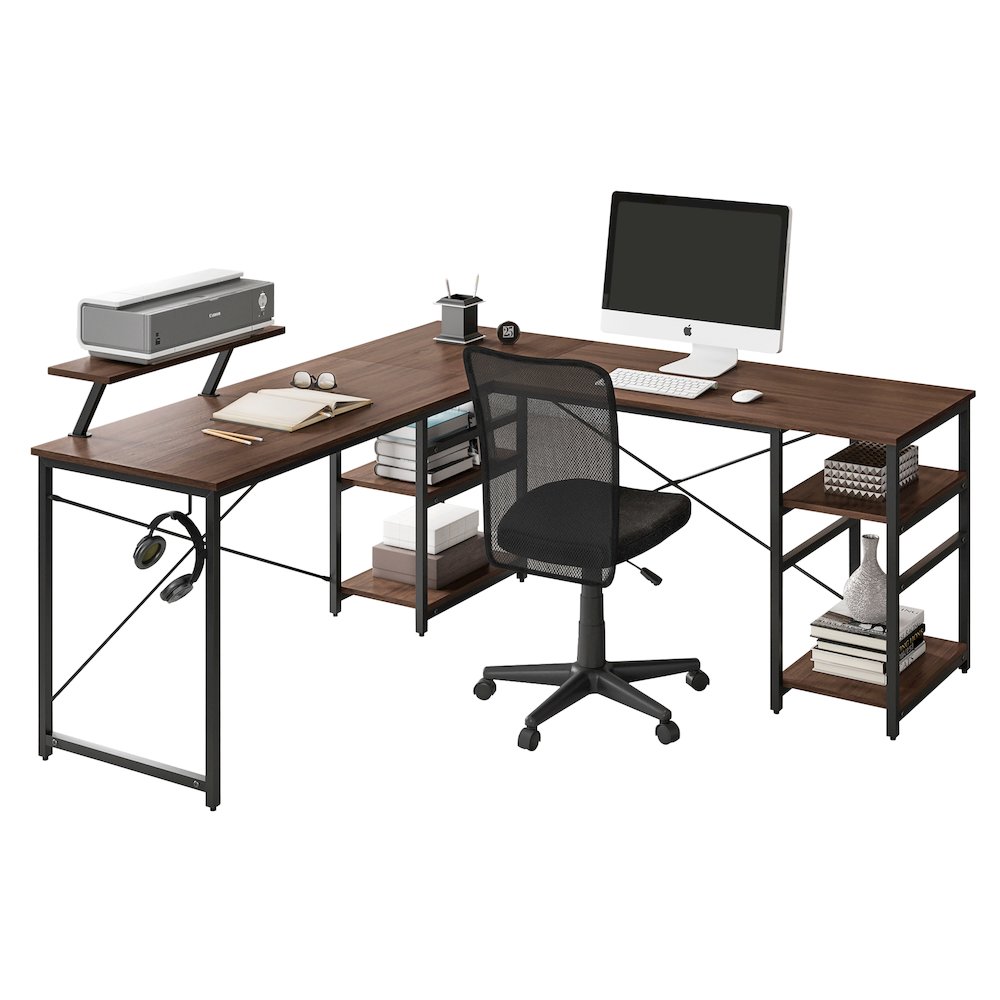 Techni Mobili L-Shape Industrial Desk with storage shelves, Walnut. Picture 3