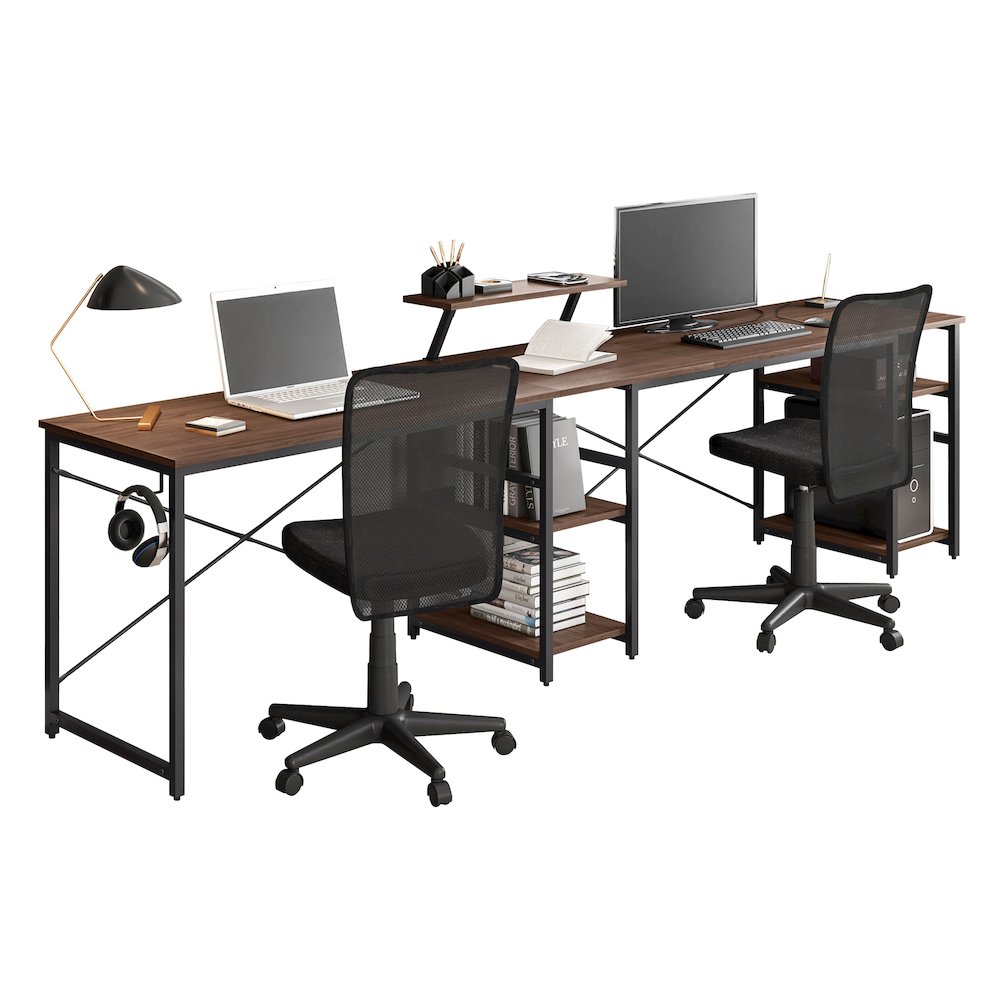Techni Mobili L-Shape Industrial Desk with storage shelves, Walnut. Picture 4