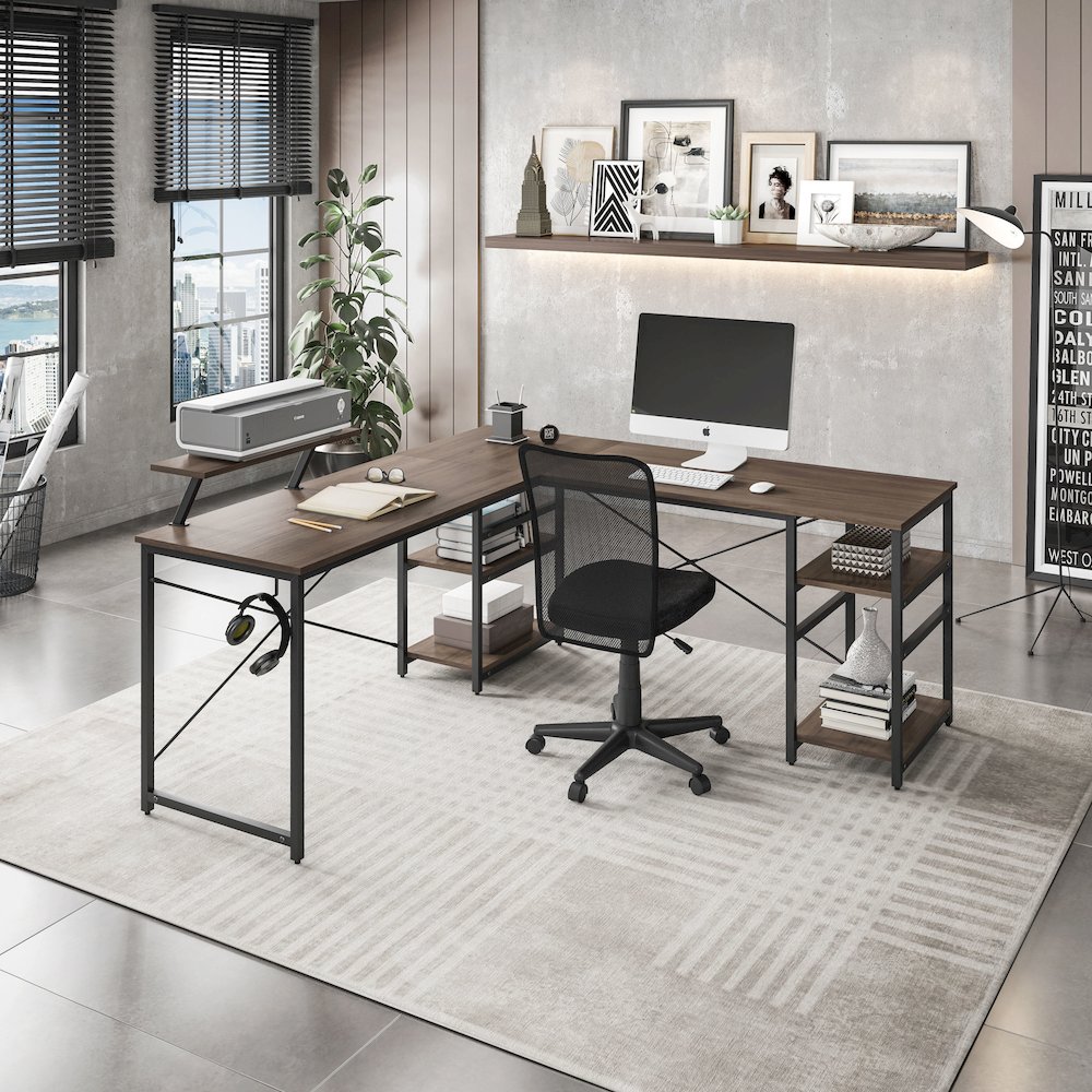 Techni Mobili L-Shape Industrial Desk with storage shelves, Walnut. Picture 5