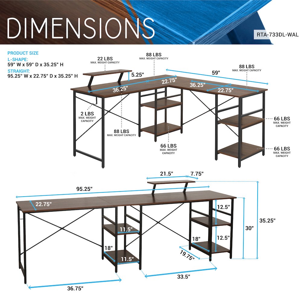 Techni Mobili L-Shape Industrial Desk with storage shelves, Walnut. Picture 7