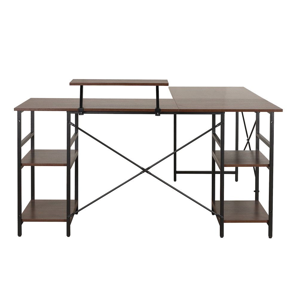 Techni Mobili L-Shape Industrial Desk with storage shelves, Walnut. Picture 9