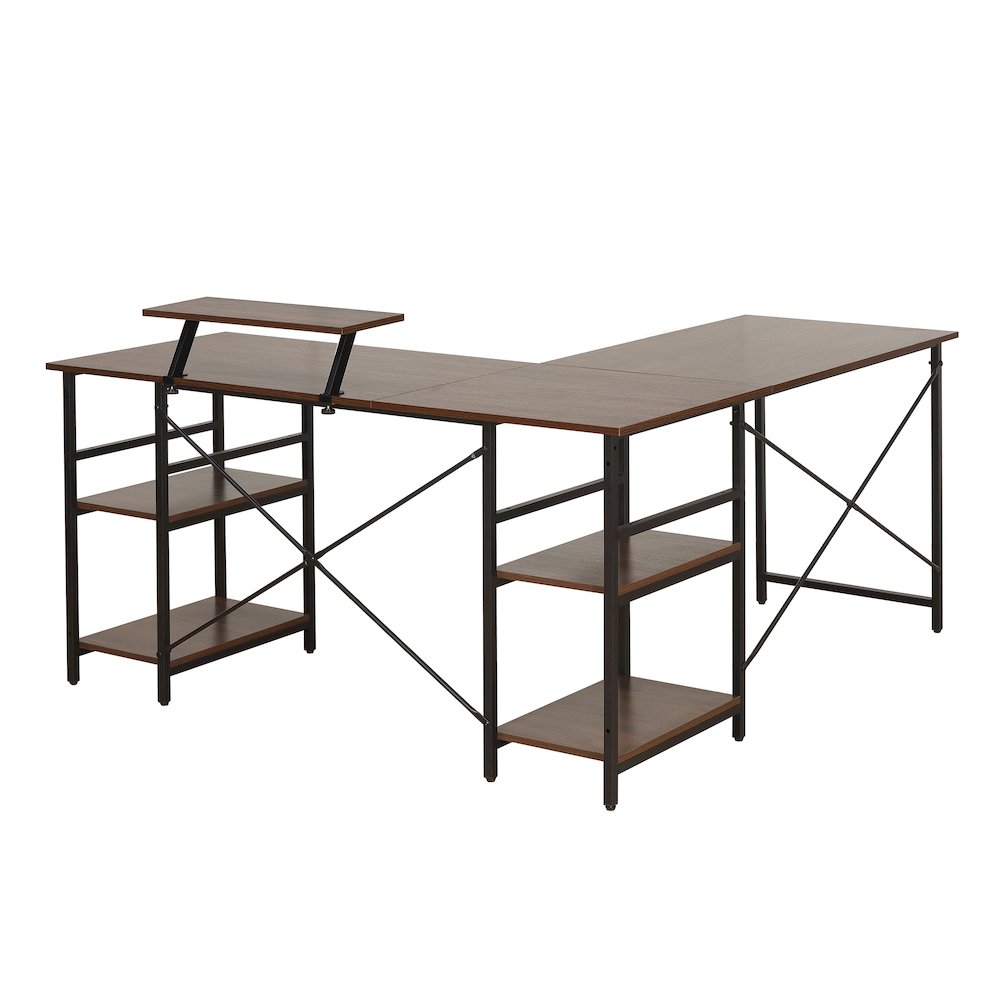 Techni Mobili L-Shape Industrial Desk with storage shelves, Walnut. Picture 10