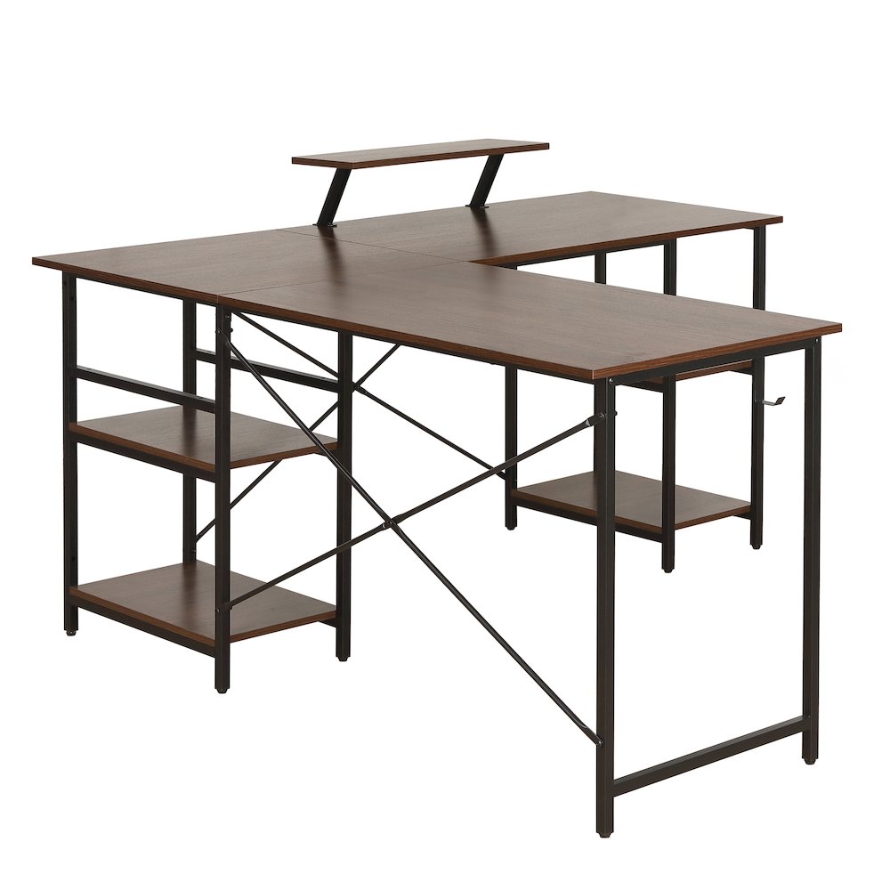 Techni Mobili L-Shape Industrial Desk with storage shelves, Walnut. Picture 11