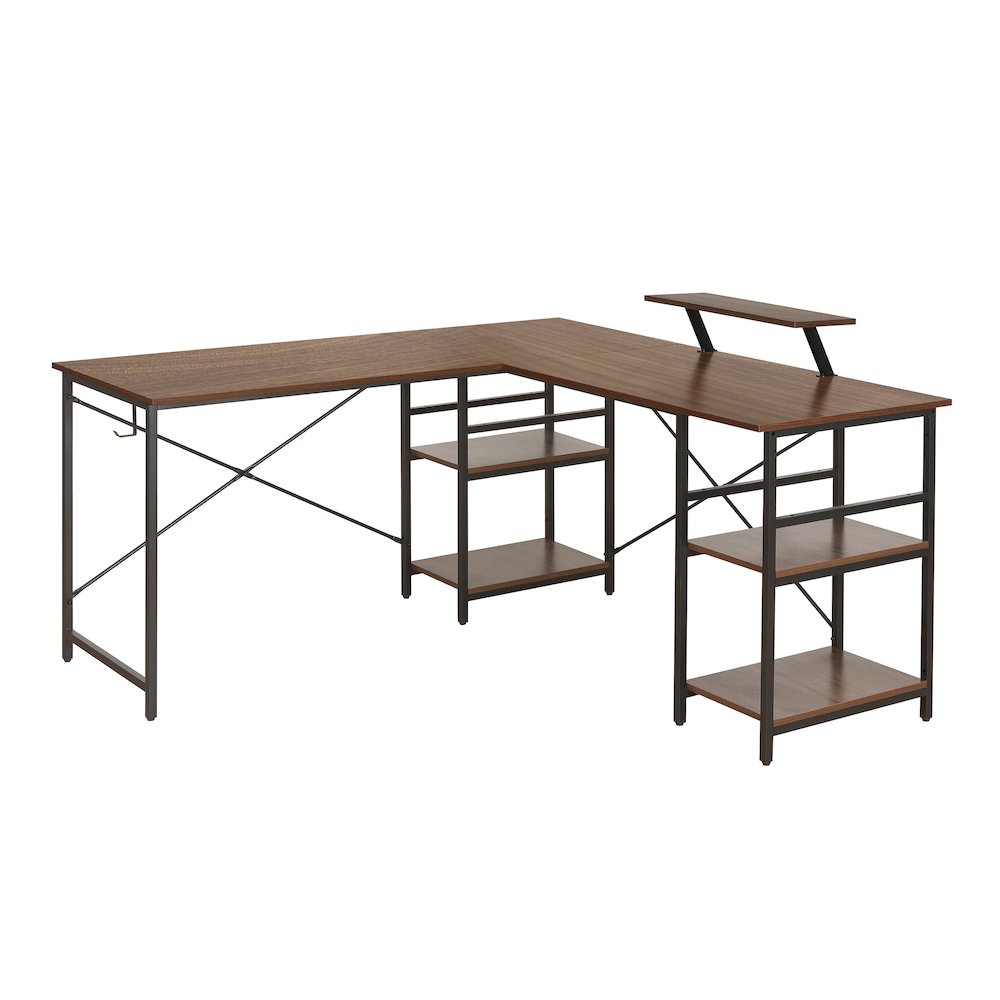 Techni Mobili L-Shape Industrial Desk with storage shelves, Walnut. Picture 13