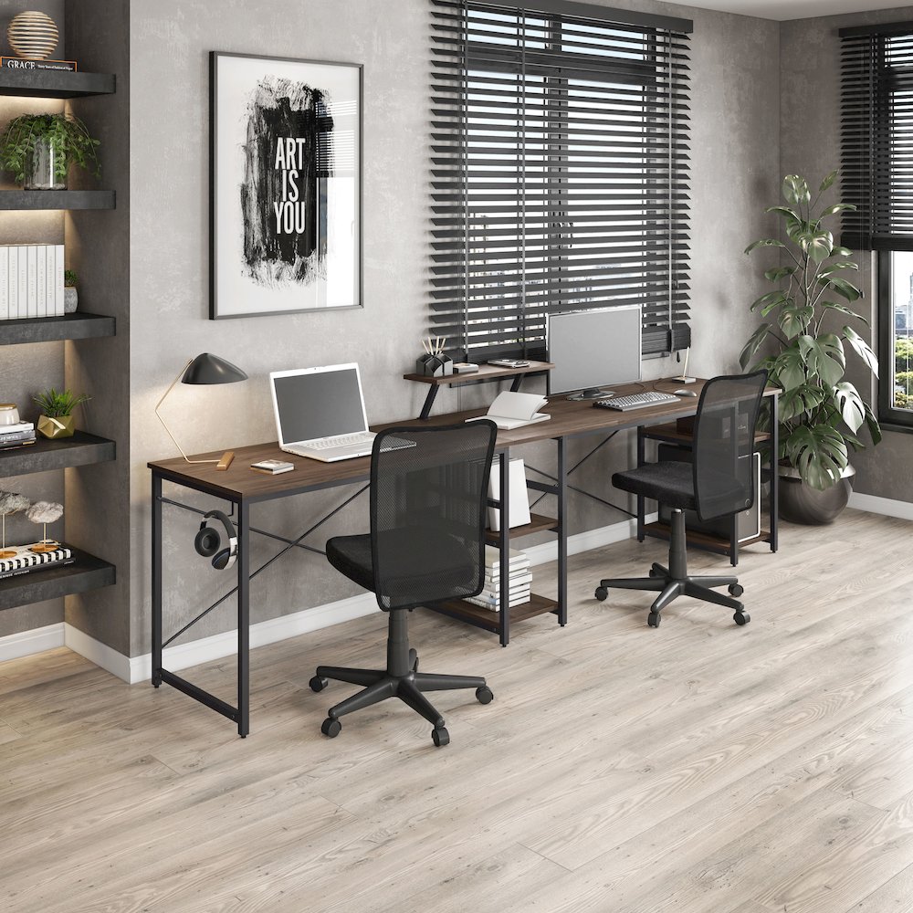 Techni Mobili L-Shape Industrial Desk with storage shelves, Walnut. Picture 22