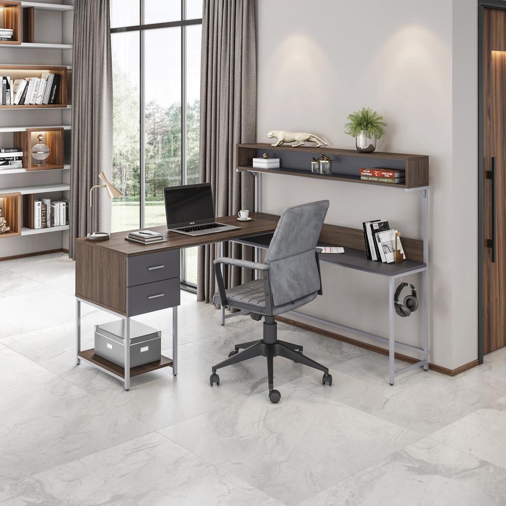 Techni Mobili L-Shape Desk with Hutch and Storage, Walnut. Picture 13