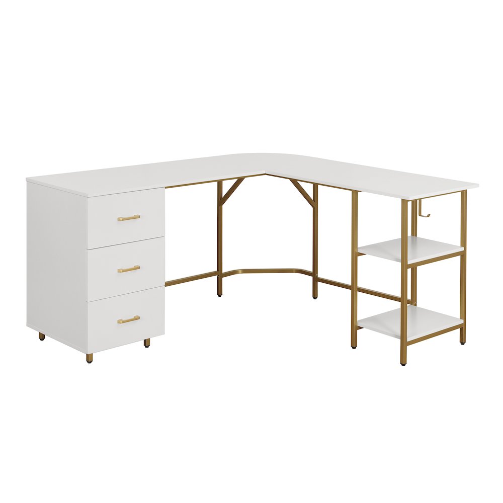 Techni Mobili L-Shape Home Office Two-Tone Desk with Storage, Gold. Picture 1