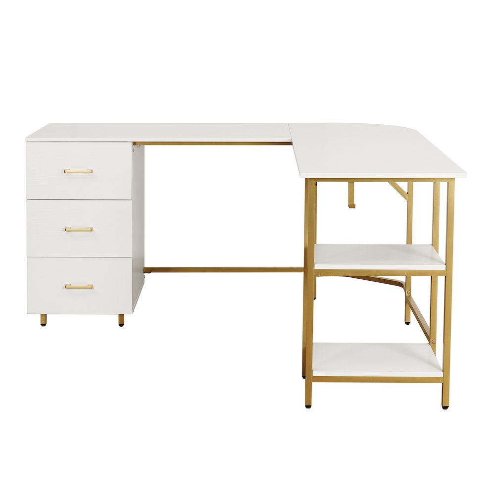 Techni Mobili L-Shape Home Office Two-Tone Desk with Storage, Gold. Picture 2
