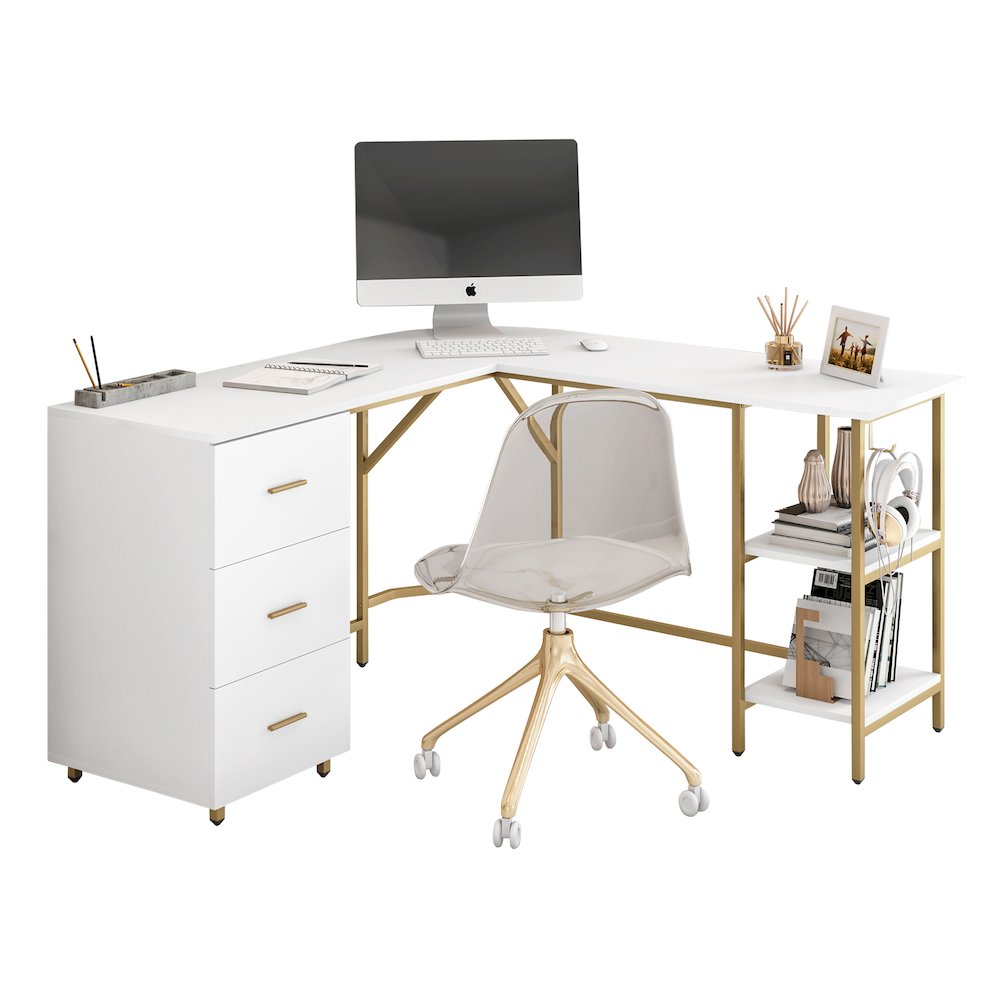 Techni Mobili L-Shape Home Office Two-Tone Desk with Storage, Gold. Picture 3