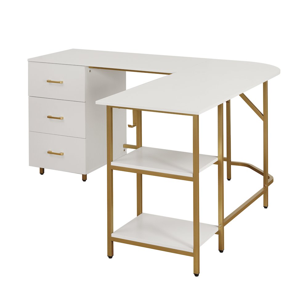 Techni Mobili L-Shape Home Office Two-Tone Desk with Storage, Gold. Picture 4