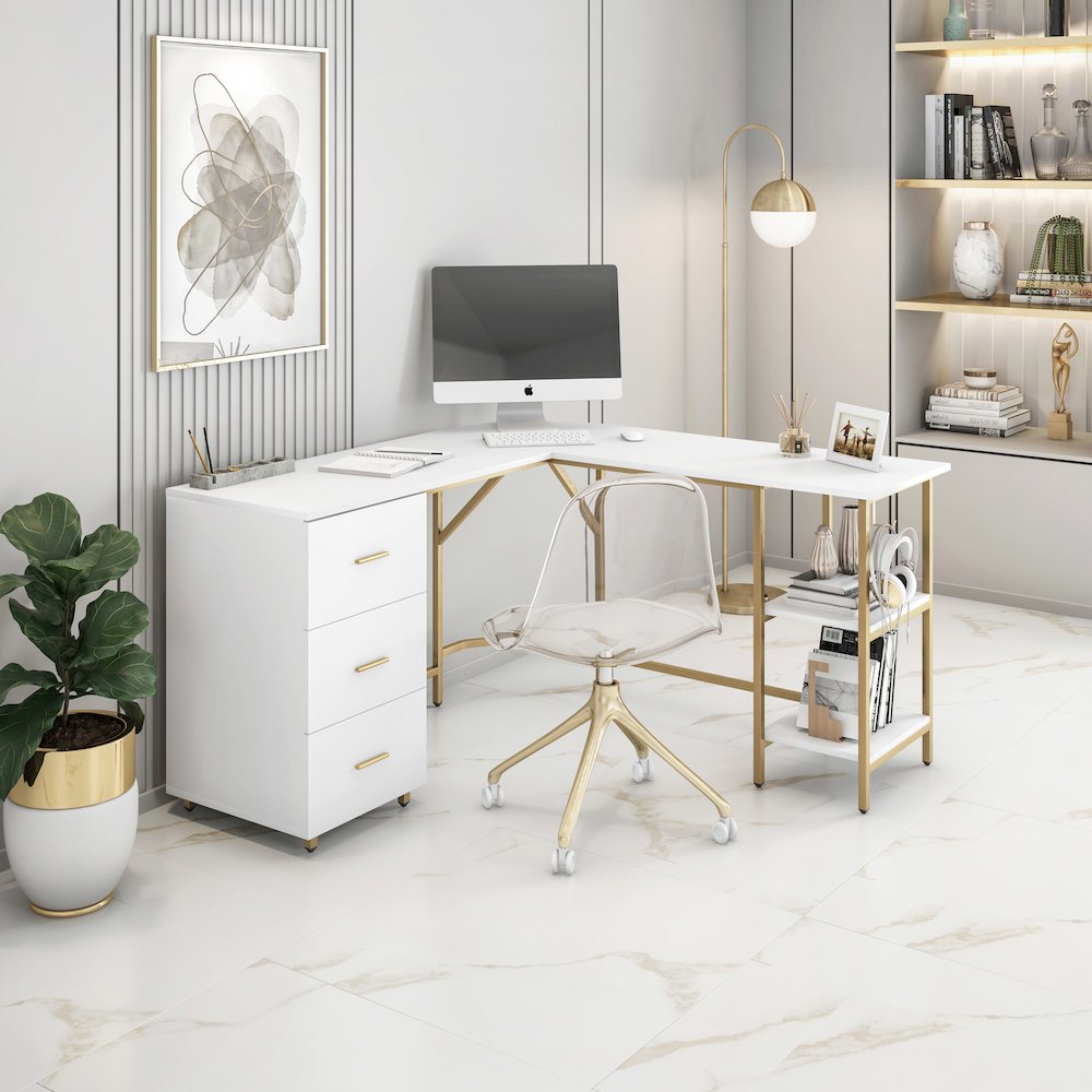 Techni Mobili L-Shape Home Office Two-Tone Desk with Storage, Gold. Picture 5