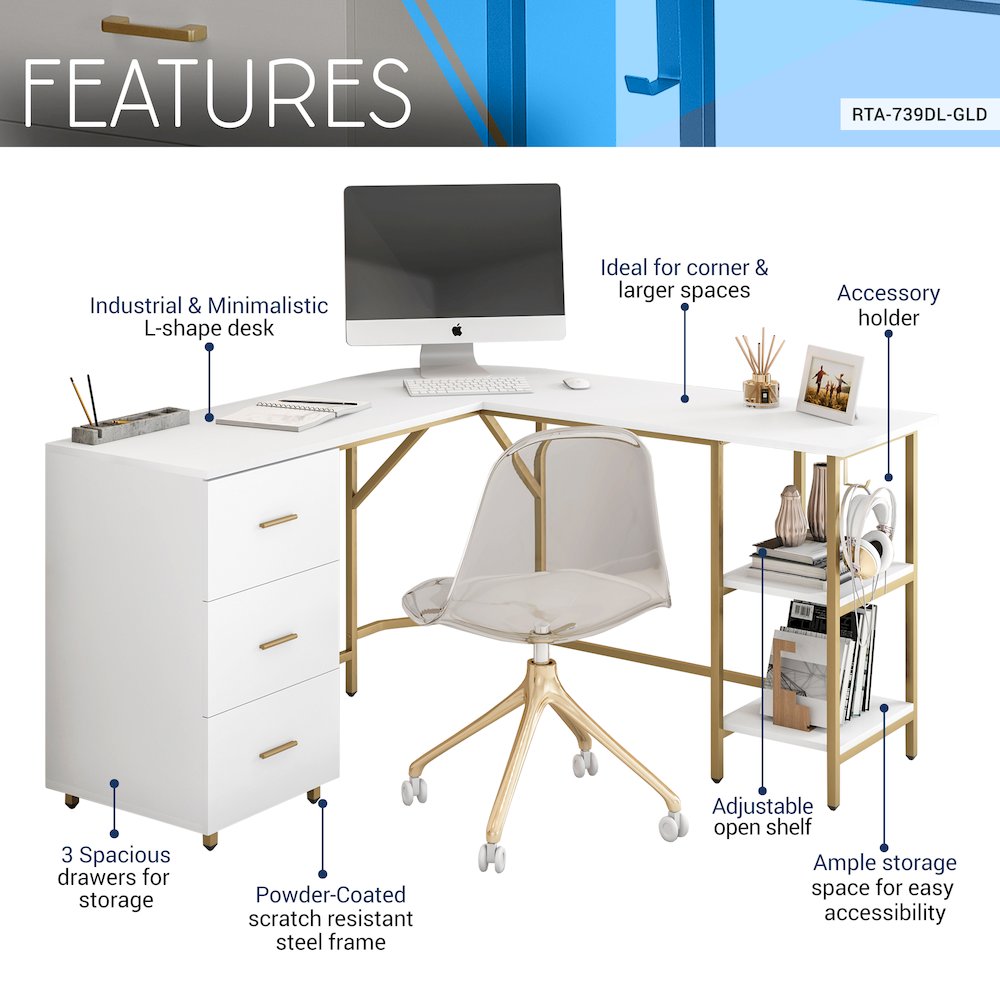 Techni Mobili L-Shape Home Office Two-Tone Desk with Storage, Gold. Picture 6