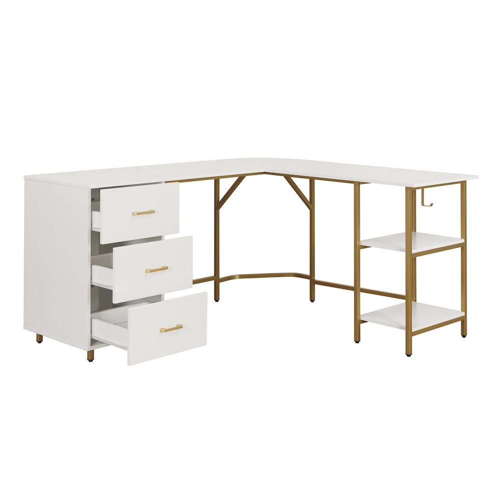 Techni Mobili L-Shape Home Office Two-Tone Desk with Storage, Gold. Picture 8