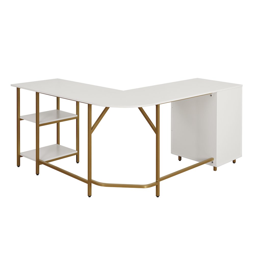 Techni Mobili L-Shape Home Office Two-Tone Desk with Storage, Gold. Picture 9