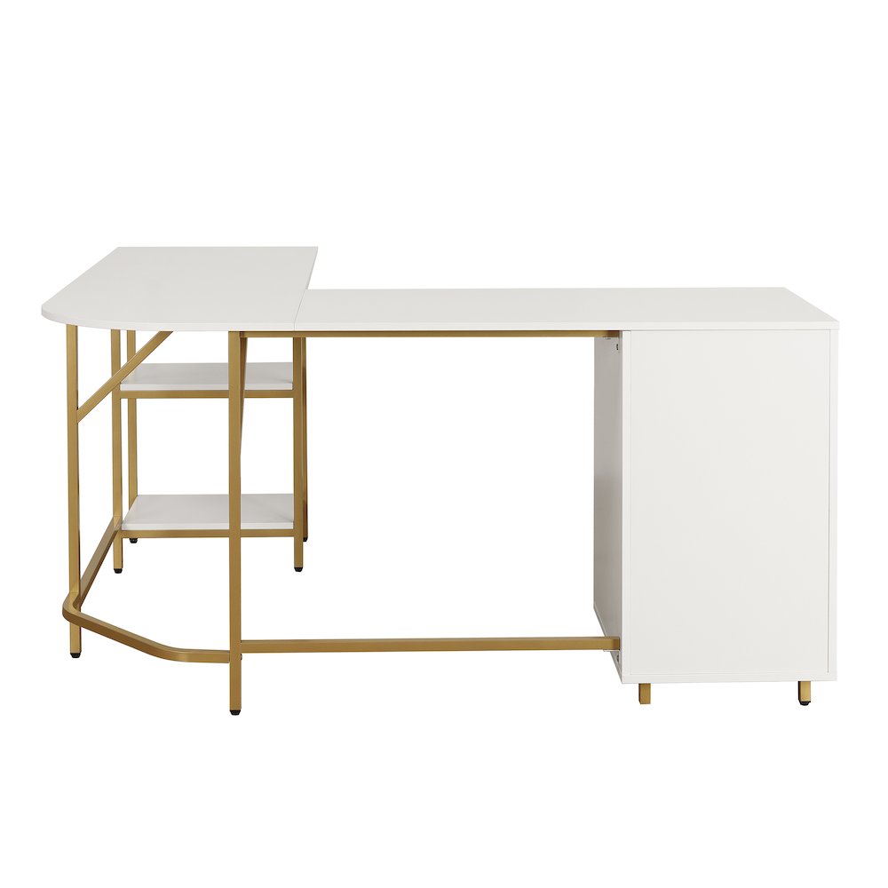 Techni Mobili L-Shape Home Office Two-Tone Desk with Storage, Gold. Picture 10