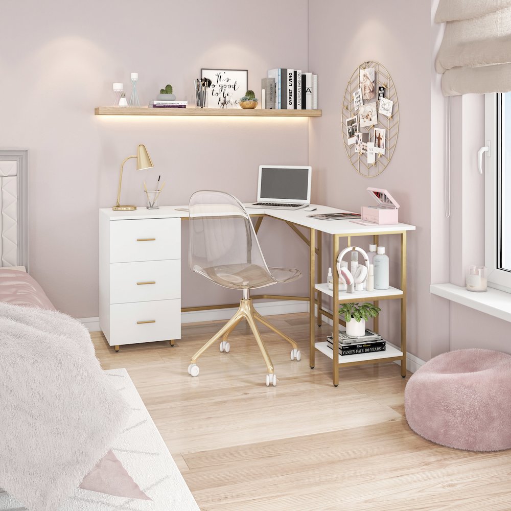 Techni Mobili L-Shape Home Office Two-Tone Desk with Storage, Gold. Picture 12