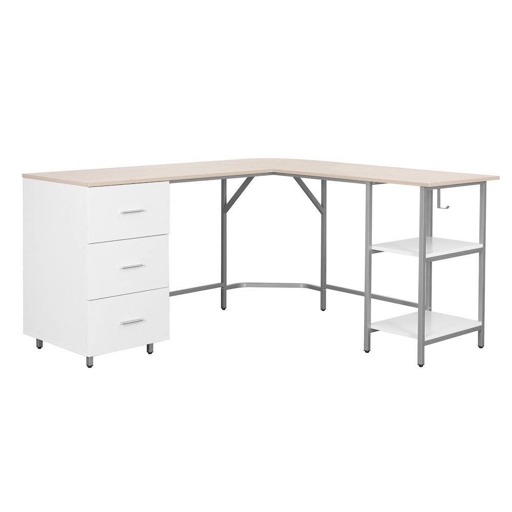 Techni Mobili L-Shape Home Office Two-Tone Desk with Storage, Sand. Picture 1