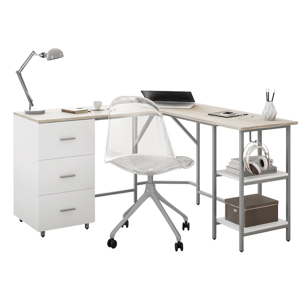 Techni Mobili L-Shape Home Office Two-Tone Desk with Storage, Sand. Picture 3