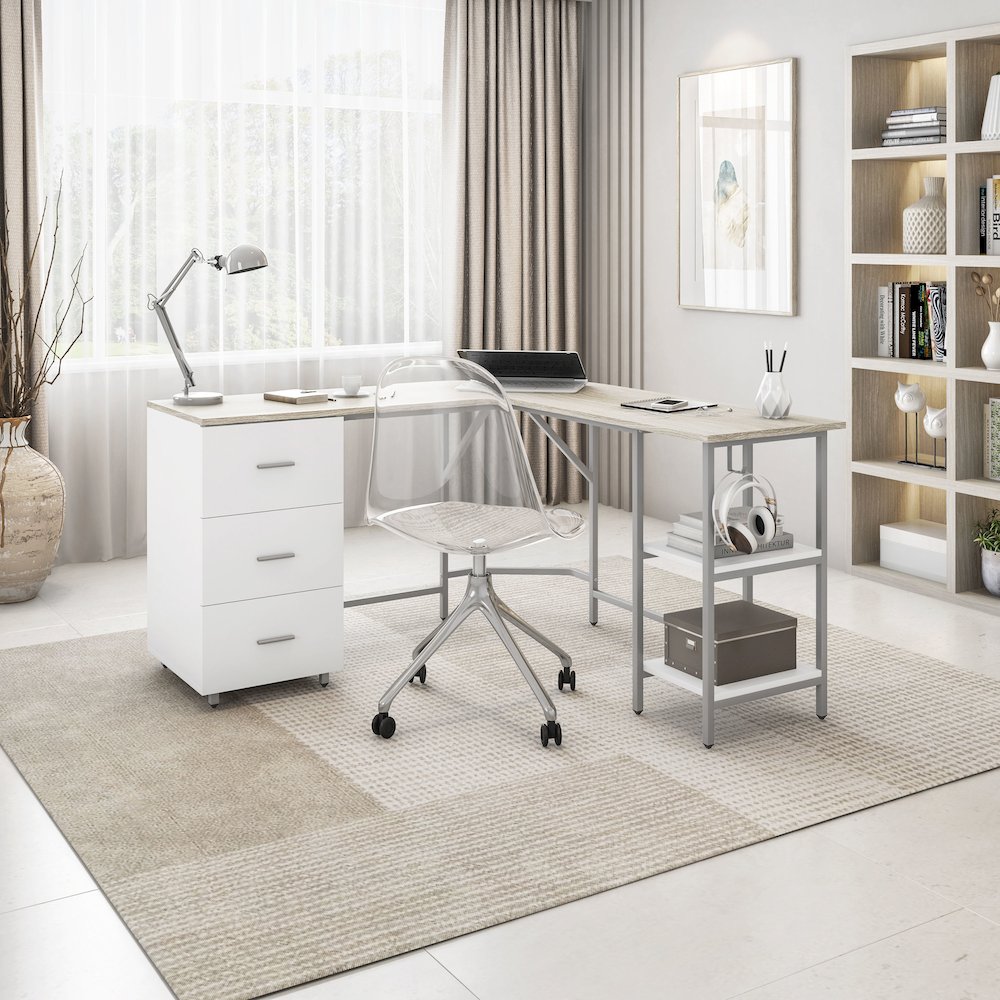 Techni Mobili L-Shape Home Office Two-Tone Desk with Storage, Sand. Picture 5