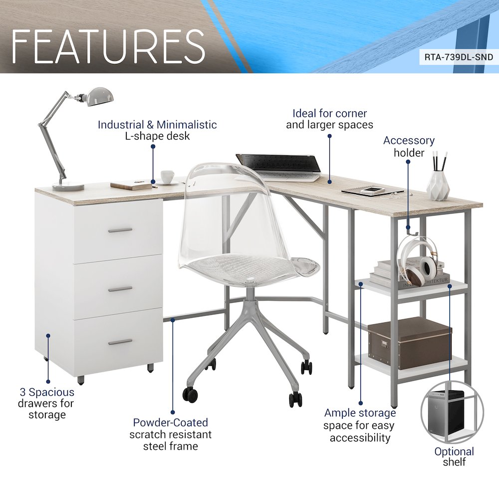 Techni Mobili L-Shape Home Office Two-Tone Desk with Storage, Sand. Picture 6