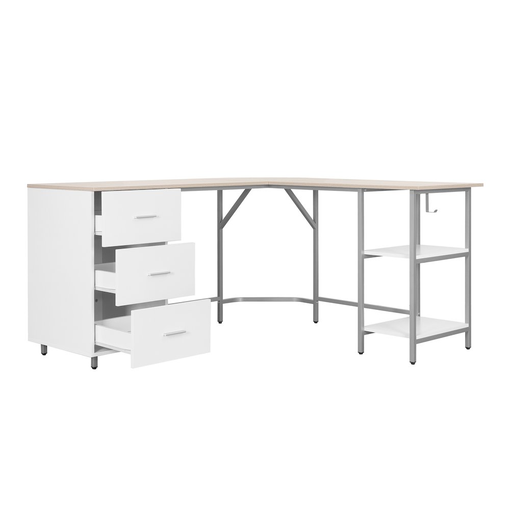 Techni Mobili L-Shape Home Office Two-Tone Desk with Storage, Sand. Picture 9
