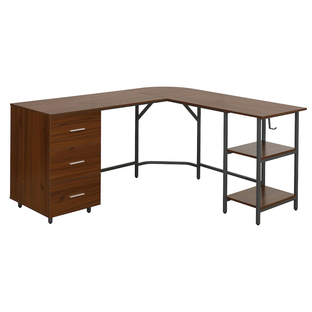 Techni Mobili L-Shape Home Office Two Tone Desk with Storage, Walnut. Picture 1