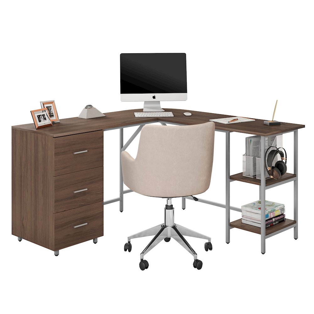 Techni Mobili L-Shape Home Office Two Tone Desk with Storage, Walnut. Picture 3