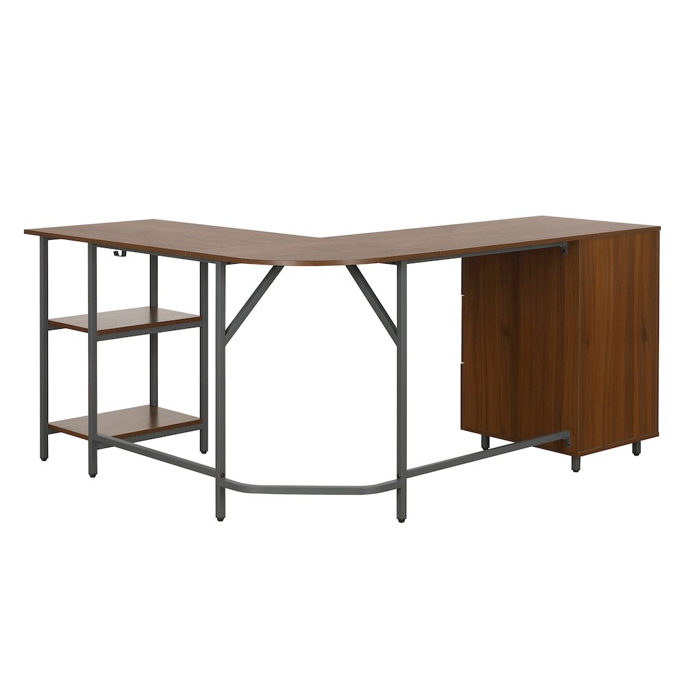Techni Mobili L-Shape Home Office Two Tone Desk with Storage, Walnut. Picture 4