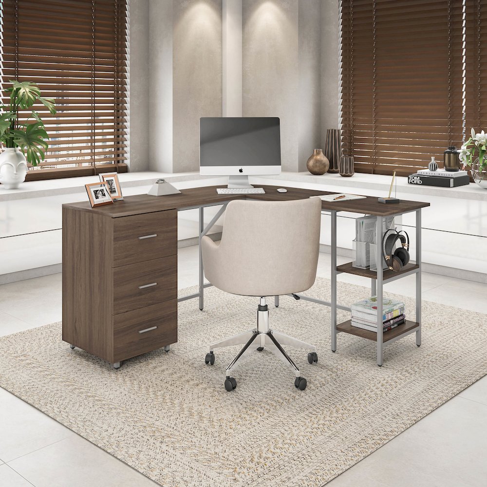 Techni Mobili L-Shape Home Office Two Tone Desk with Storage, Walnut. Picture 5