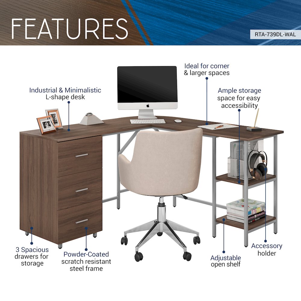 Techni Mobili L-Shape Home Office Two Tone Desk with Storage, Walnut. Picture 6