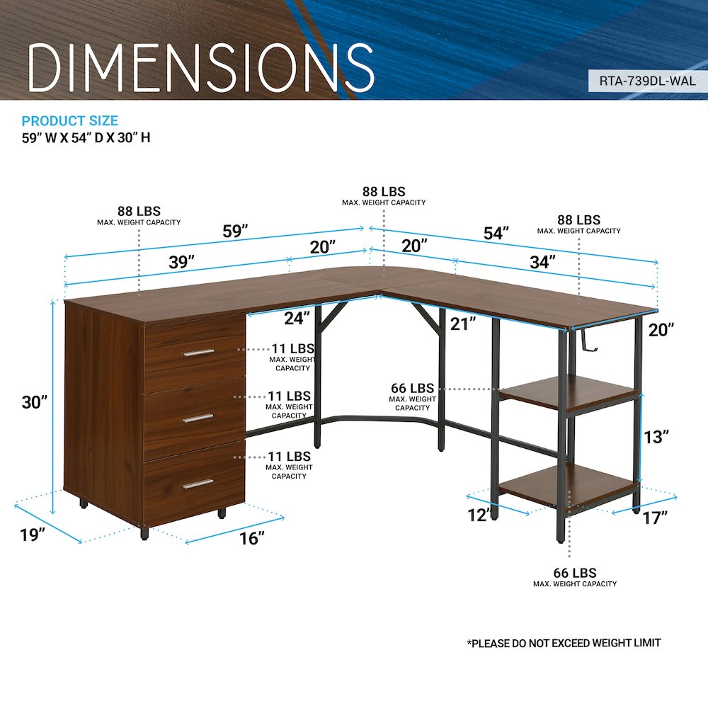 Techni Mobili L-Shape Home Office Two Tone Desk with Storage, Walnut. Picture 7