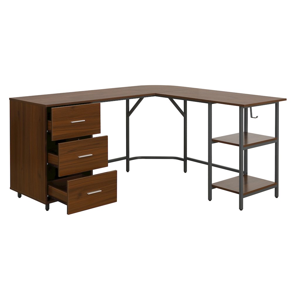Techni Mobili L-Shape Home Office Two Tone Desk with Storage, Walnut. Picture 9