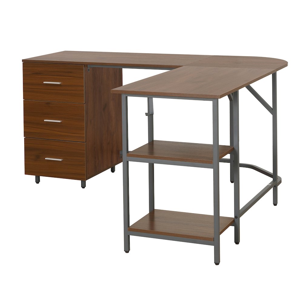 Techni Mobili L-Shape Home Office Two Tone Desk with Storage, Walnut. Picture 13