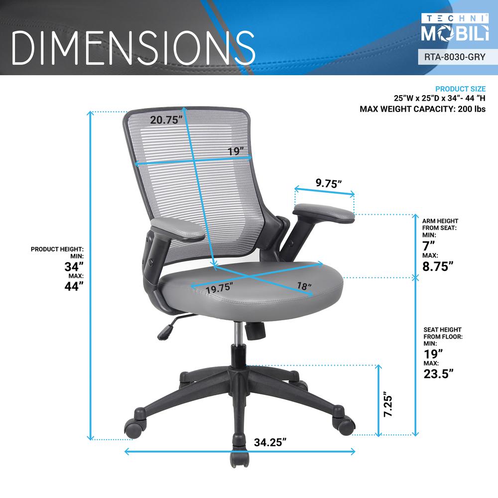 Mid-Back Mesh Task Office Chair with Flip Up Arms. Color: Gray. Picture 7