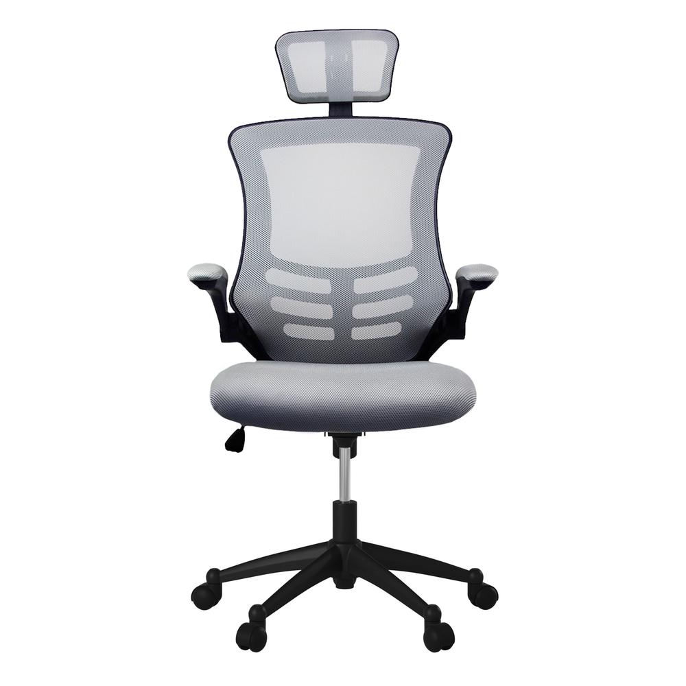 Modern High-Back Mesh Executive office Chair With Headrest And Flip Up Arms. Color: Silver Grey. Picture 3