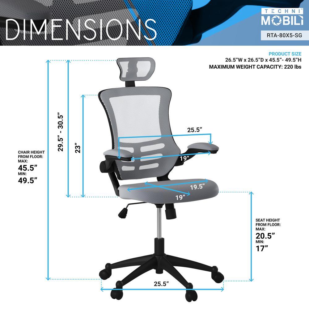 Modern High-Back Mesh Executive office Chair With Headrest And Flip Up Arms. Color: Silver Grey. Picture 7