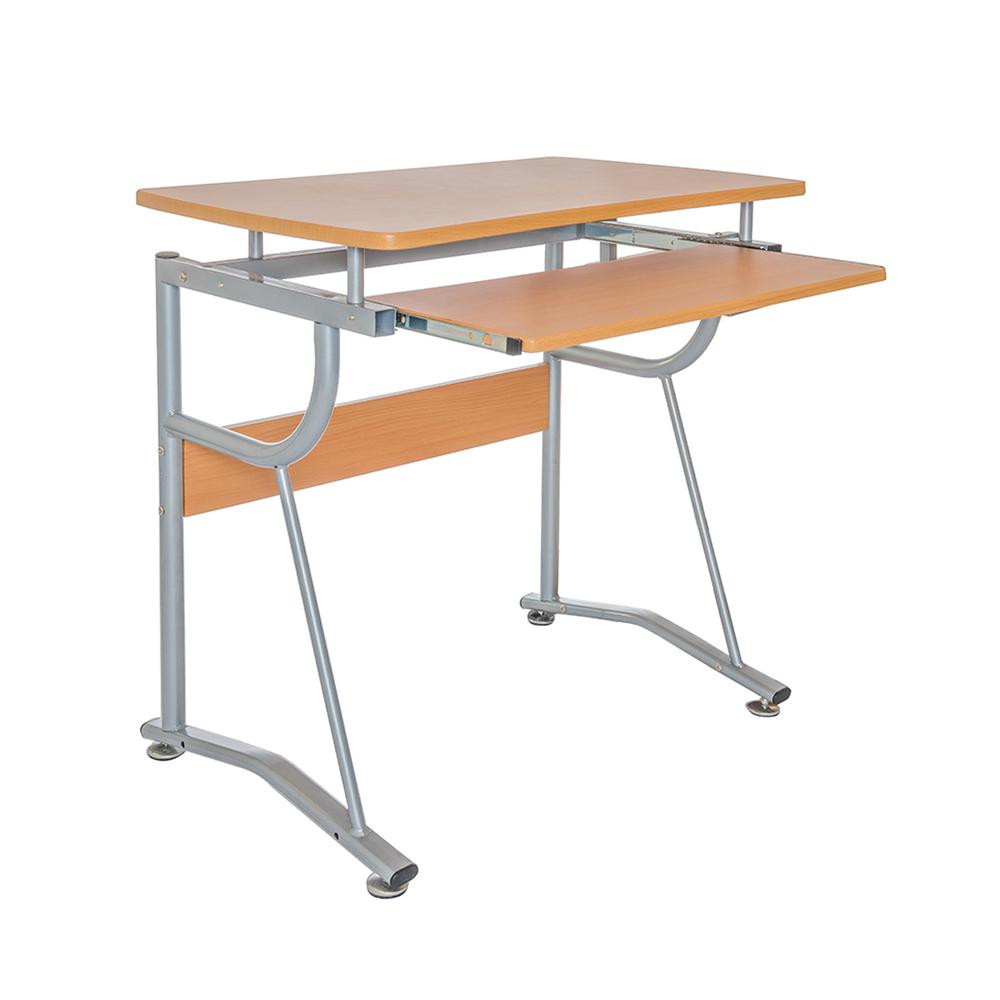 Compact Computer Desk With Side Shelf And Keyboard Panel. Color: Cherry. Picture 1