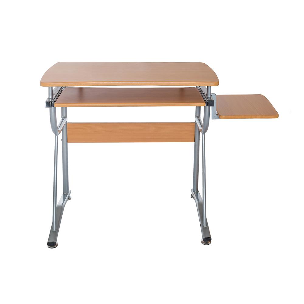 Compact Computer Desk With Side Shelf And Keyboard Panel. Color: Cherry. Picture 2