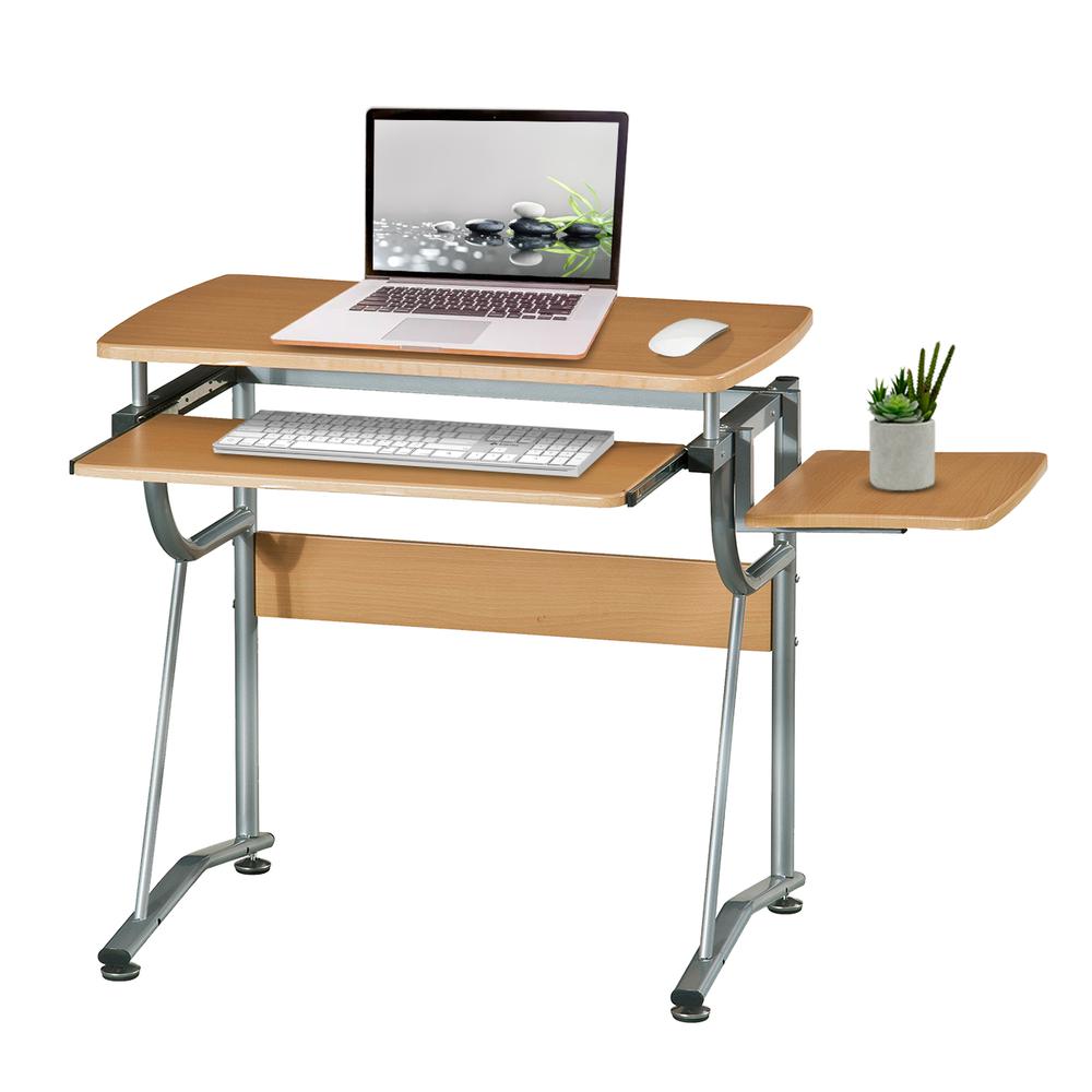 Compact Computer Desk With Side Shelf And Keyboard Panel. Color: Cherry. Picture 3
