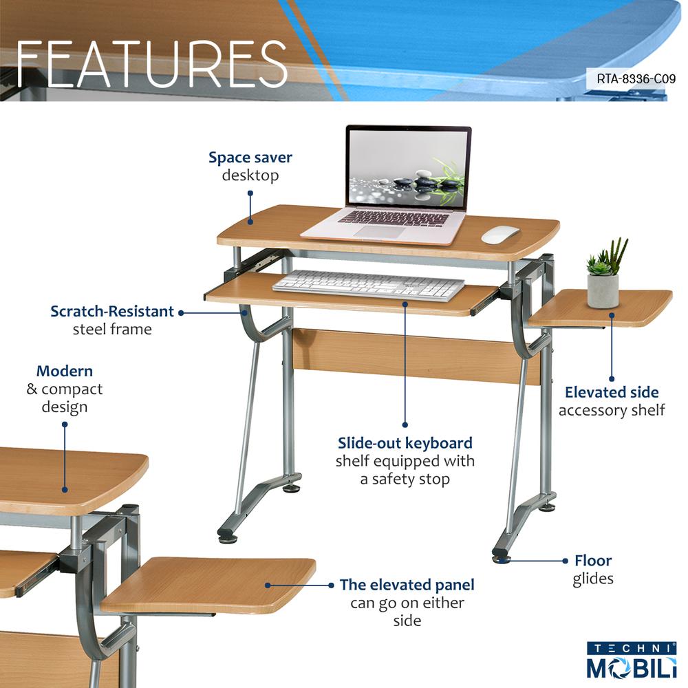 Compact Computer Desk With Side Shelf And Keyboard Panel. Color: Cherry. Picture 6