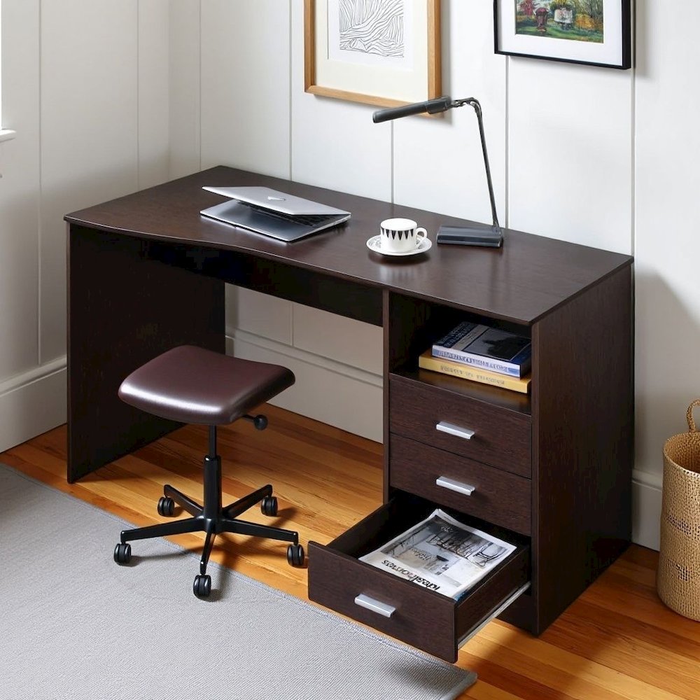 Brown Wood Desk With 3 Storage Drawers And Shelf, Home Office Writing Table. Picture 2