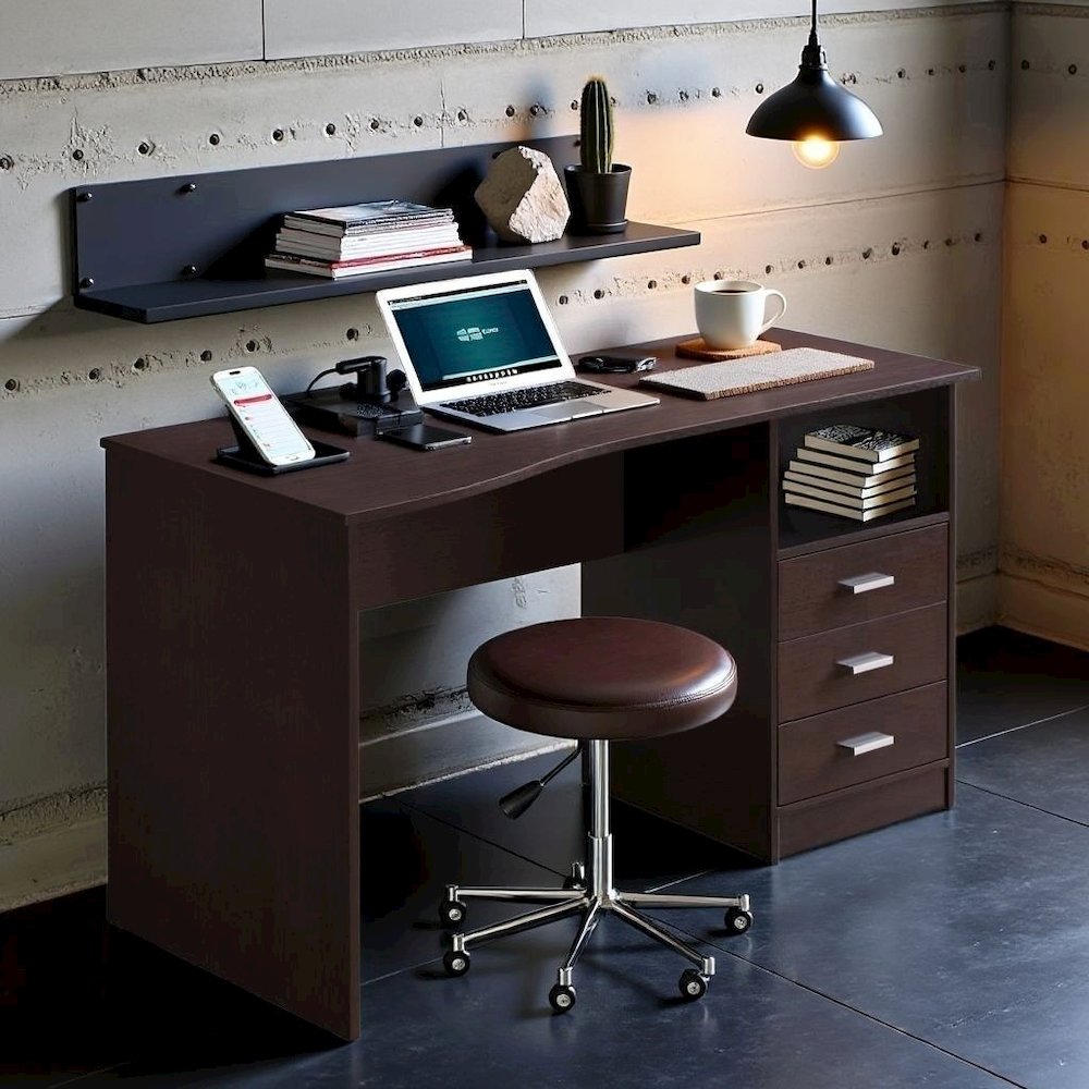 Brown Wood Desk With 3 Storage Drawers And Shelf, Home Office Writing Table. Picture 3