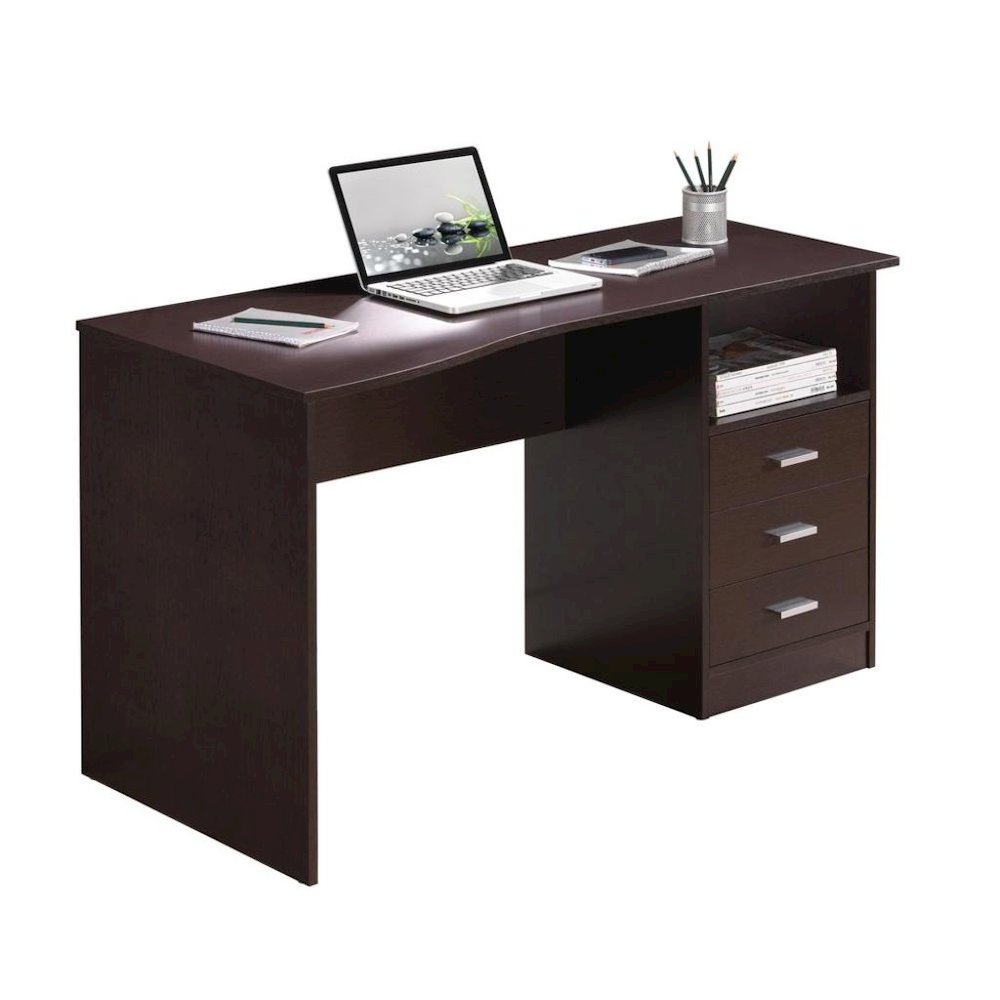 Brown Wood Desk With 3 Storage Drawers And Shelf, Home Office Writing Table. Picture 1