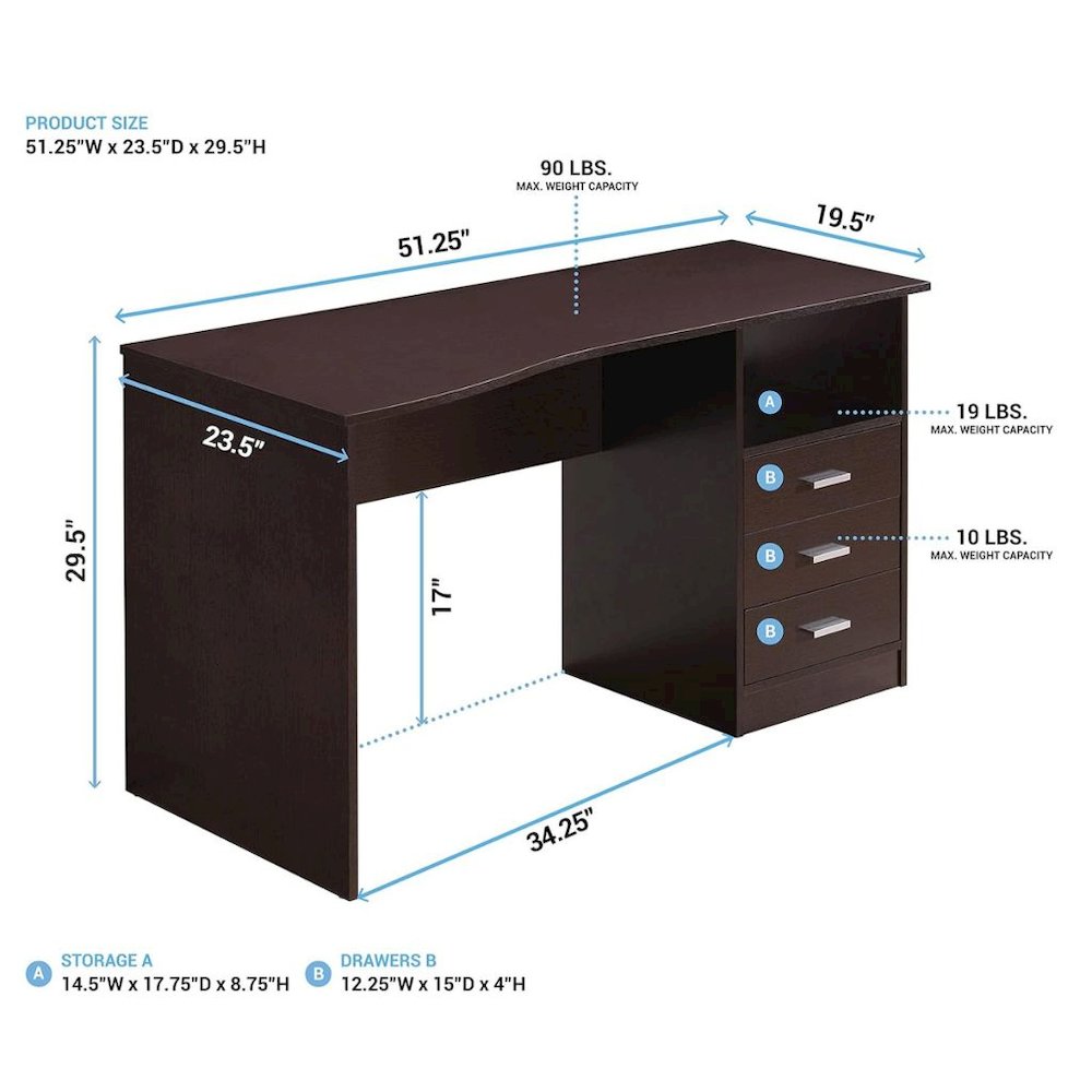 Brown Wood Desk With 3 Storage Drawers And Shelf, Home Office Writing Table. Picture 8