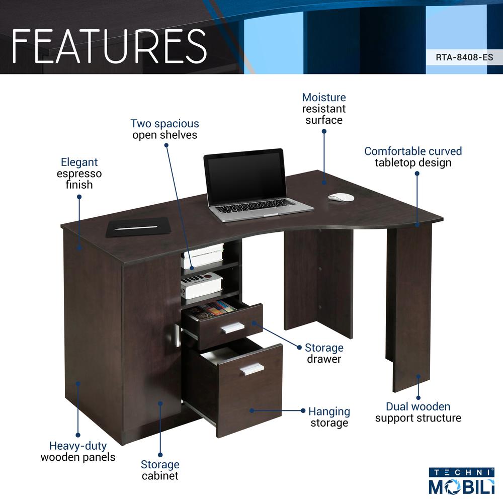 Techni Mobili Classic Office Desk with Storage, Espresso. Picture 5