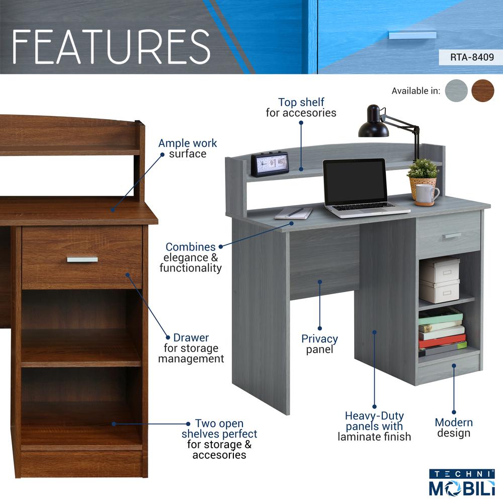 Techni Mobili Modern Office Desk with Hutch, Grey. Picture 5