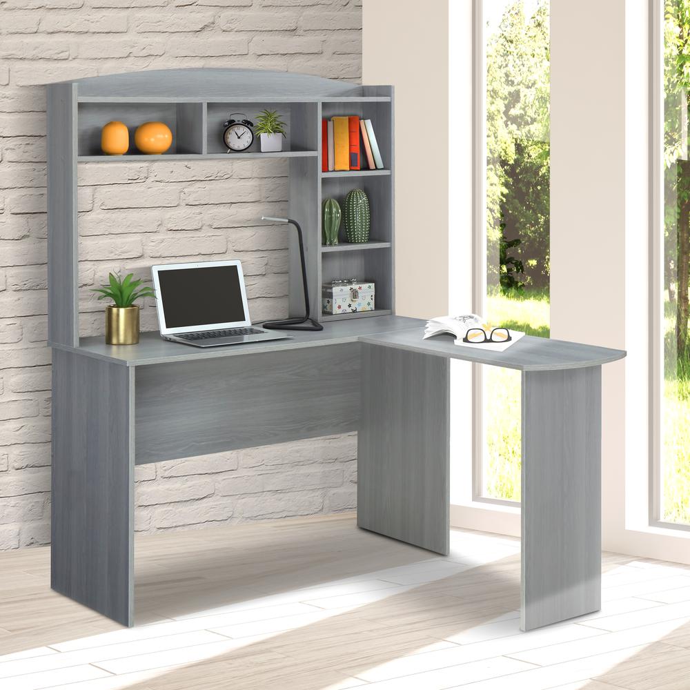 Techni Mobili Modern L-Shaped Desk with Hutch, Grey. Picture 7