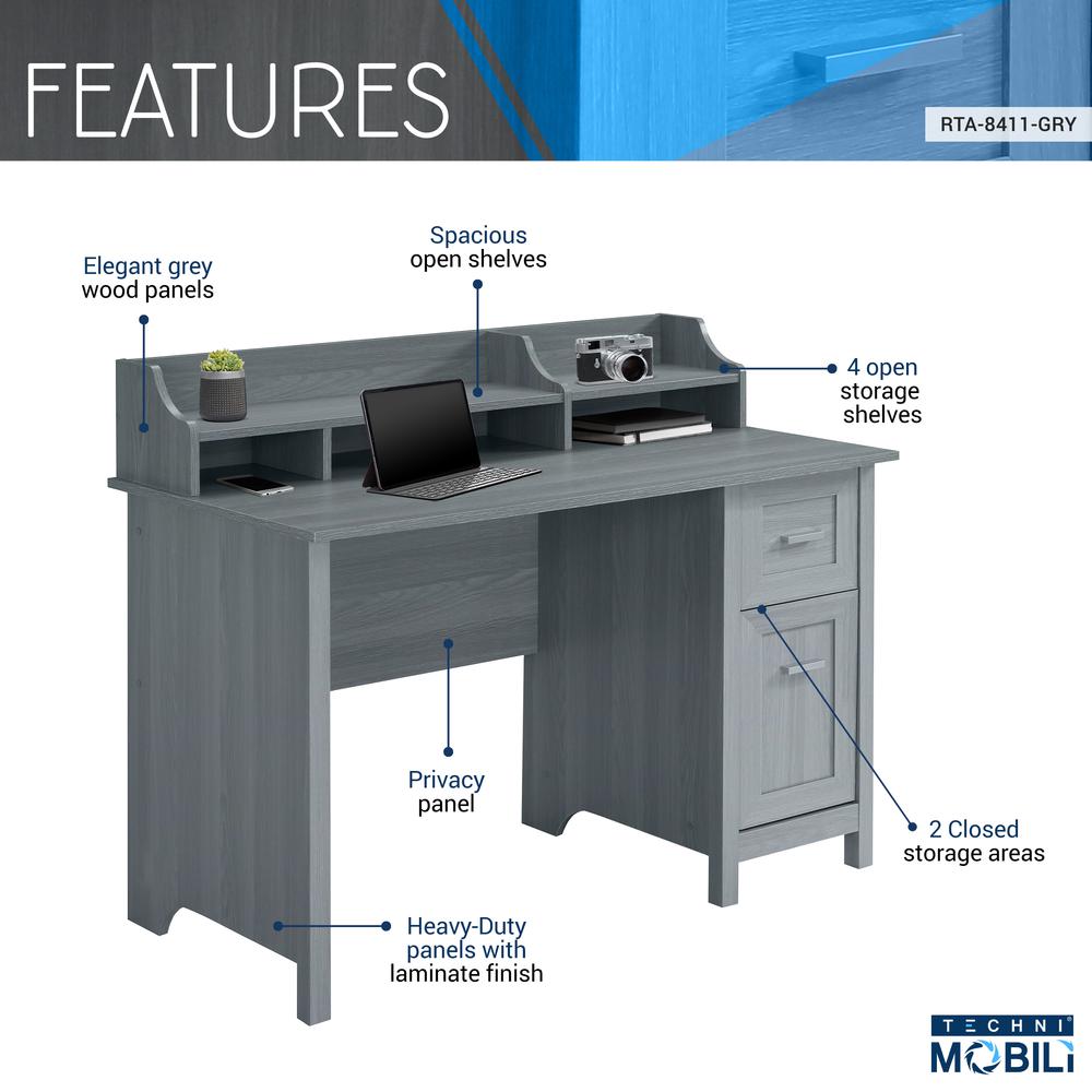 Techni Mobili Classic Office Desk with Storage, Grey. Picture 5