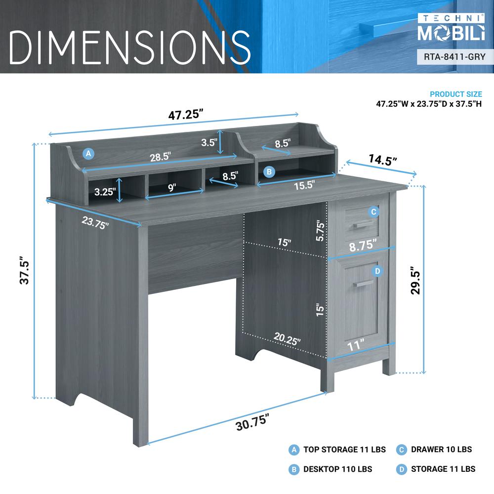 Techni Mobili Classic Office Desk with Storage, Grey. Picture 6