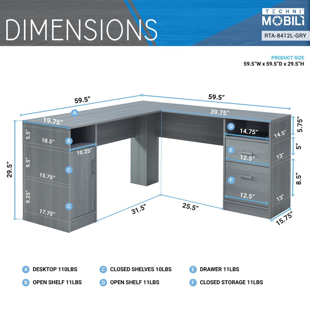 Techni Mobili Functional L-Shape Desk with Storage, Grey. Picture 10